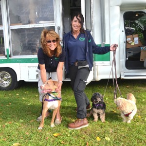 ARF's Kim Rivera and Cindy Leroy with ARFan's Klaus, Lenny and Marley.