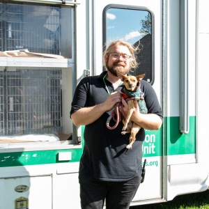 ARF's Jake Kommer at the Adoption Van with Belle, who has since been adopted!
