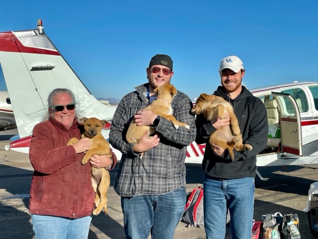 Espanola Humane foster mom Anne Baker with volunteer pilots Jan Brentjens and Matthew Pellegrino with some of the puppies.