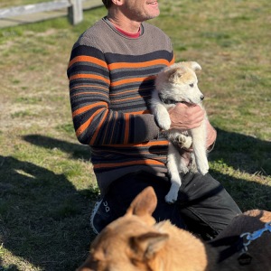 Pilot Dr. Dempsey gets some puppy love on the ground in East Hampton.