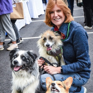 ARF's Executive Director Kim Nichols with her pack of pups, Otis, Jack and Finley.